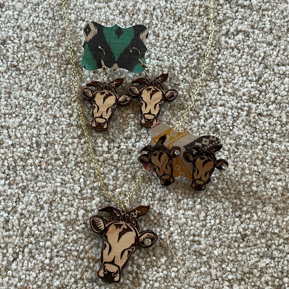 wood dairy cow earrings and necklace set with bandanna and cute bling